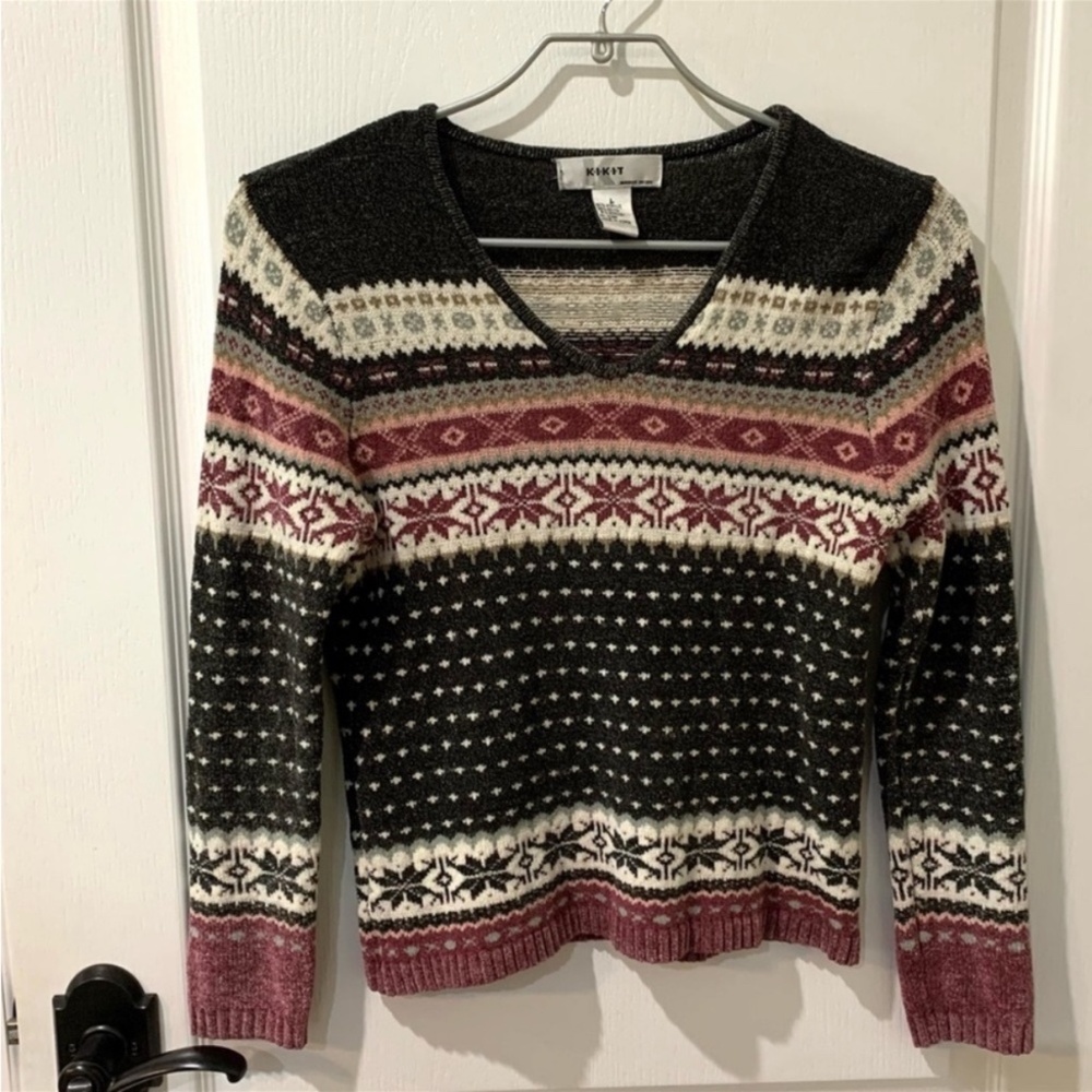 Vintage KIKIT Winter Snowflake V-neck Pullover Sweater Sz L